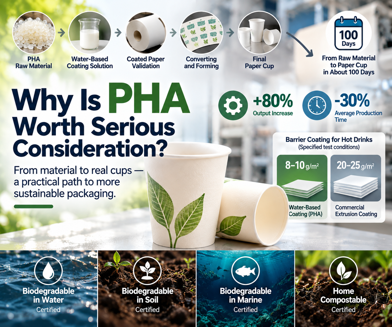 PHA water-based barrier coating for paper cups: PHA raw material, water-based coating solution, coated paper validation, converting and forming, final paper cup, and four TUV AUSTRIA biodegradation certificates